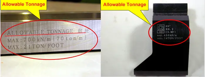 Allowable tonnage of toolings