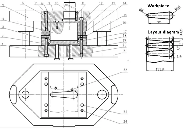 Blanking die with rigid discharge device