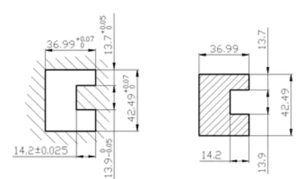 Ejemplo de dibujo de piezas convexas y cóncavas cuando se utiliza el método de mecanizado