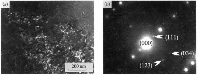 TEM morphology and selected area electron diffraction pattern of α2 phase in Ti600 alloy after thermal exposure