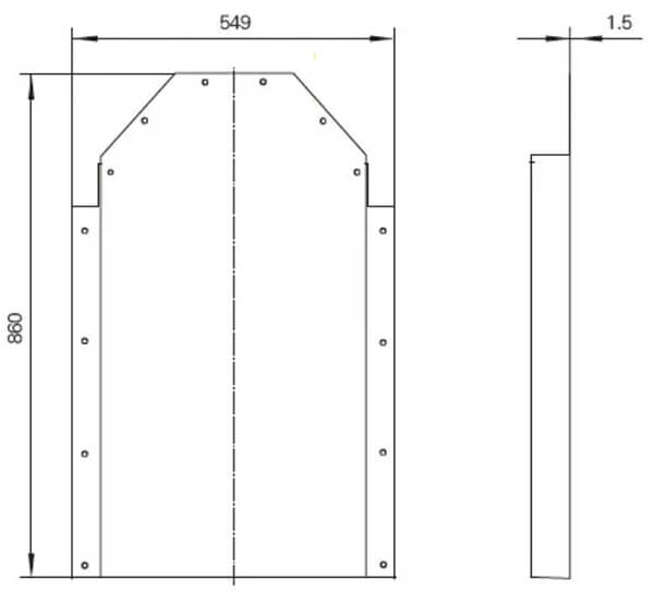 Diagrama de dimensiones de la cubierta trasera de un armario eléctrico