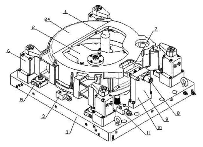 Flywheel shell three-point centering hydraulic fixture