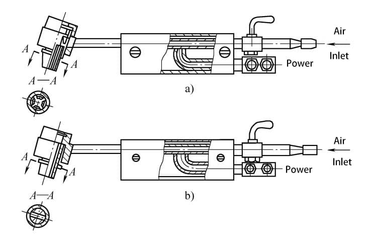 Figura 6-5 Diagrama esquemático de las pistolas de ranurado por aire con arco de carbono más utilizadas